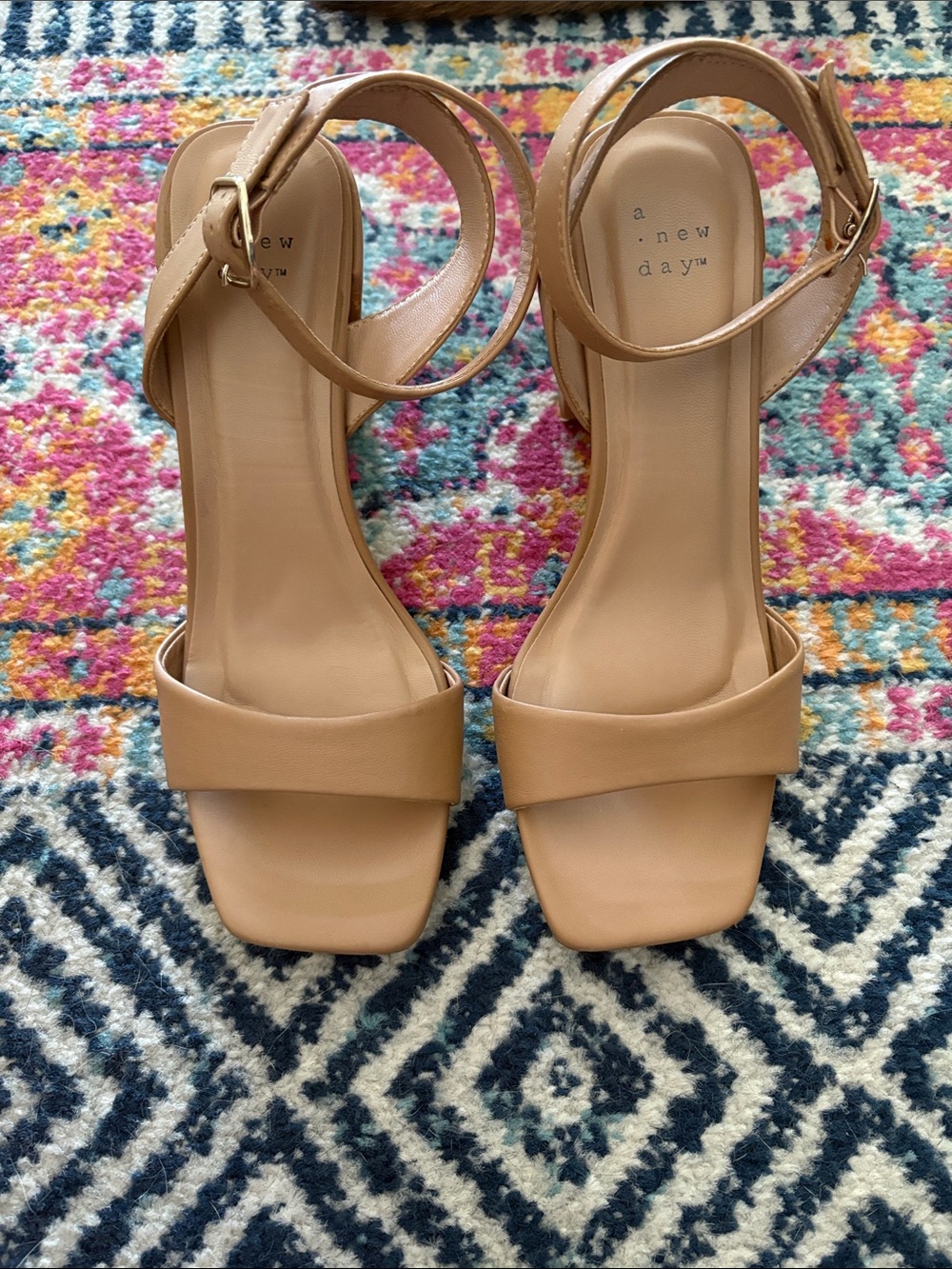 a new day Nude Tan Square-Toe Block Heel Sandals with Ankle Strap